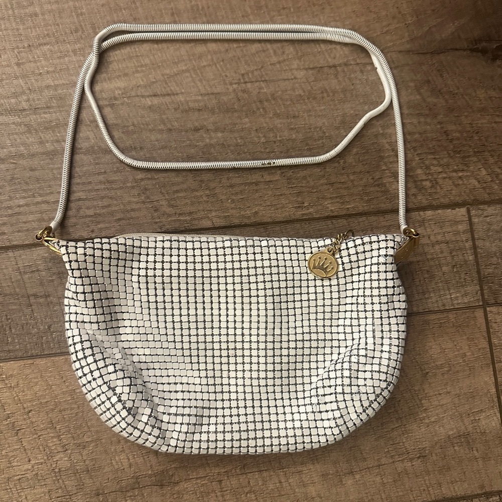 La Regale Vintage White Mesh Purse w/ Gold Hardware Long Snake Chain Strap